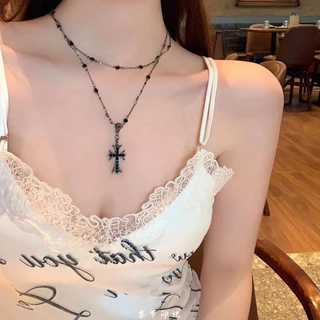 🖤✨BK-SET-2-01-2ชั้น พร้อมส่ง ส่งเร็ว 1-2 ถึง 🖤สร้อยคอ Jushi สร้อยไม้กางเขน สีดำ สายคอสายฝอ 🖤
