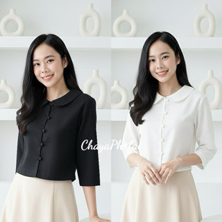 เสื้อผ้าฝ้ายอัดกาวคอบัวแขนสามส่วน