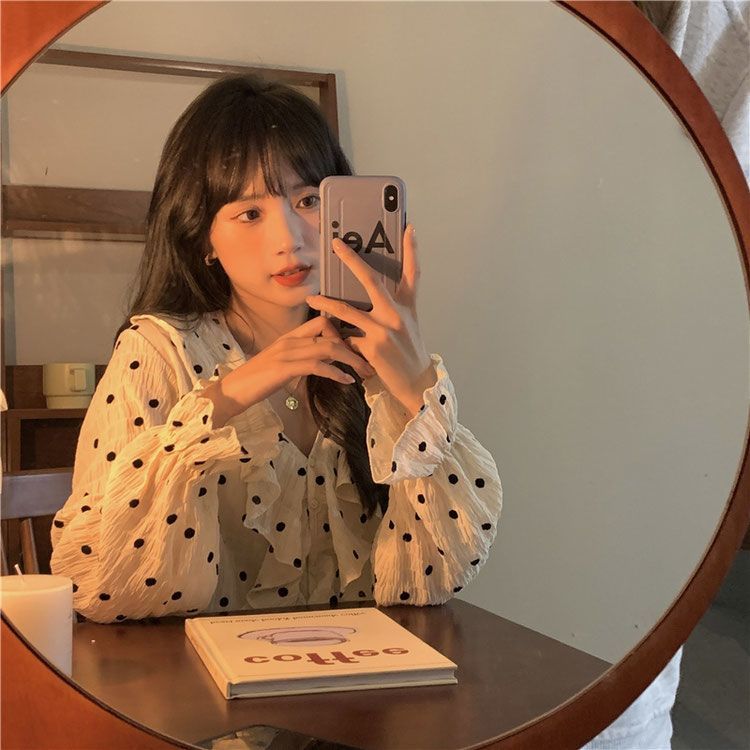 LINNA เวอร์ชั่นเกาหลี ลายจุด แขนยาว เสื้อเชิ้ต แฟชั่น หวาน สไตล์