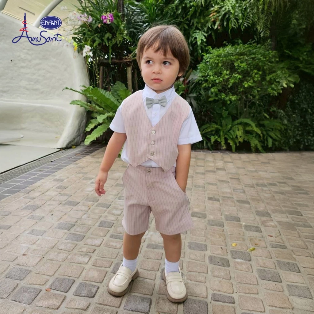 Amusant by Enfant ชุดออกงาน ชุดเซ็ต ชุดสูทเด็กผู้ชายสีชมพูพาสเทลสำหรับ 6 เดือน - 8 ขวบ EH1N21