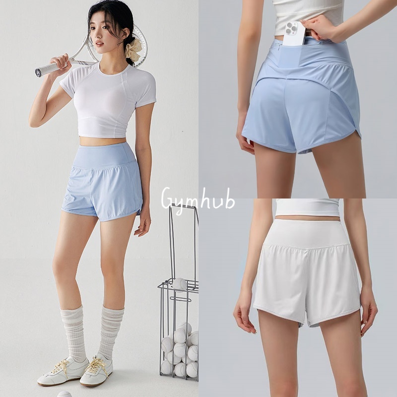 GYMHUB กางเกงขาสั้นกีฬาสตรี เอวสูง มีกระเป๋าหลังและซับใน สำหรับโยคะ ฟิตเนส และวิ่ง