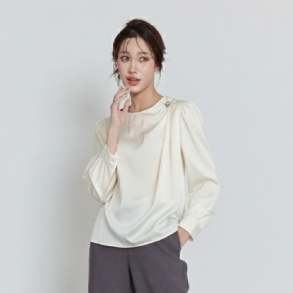 Miss office เสื้อแขนพองยาว จีบข้างคอแต่งกระดุม (MT-384)