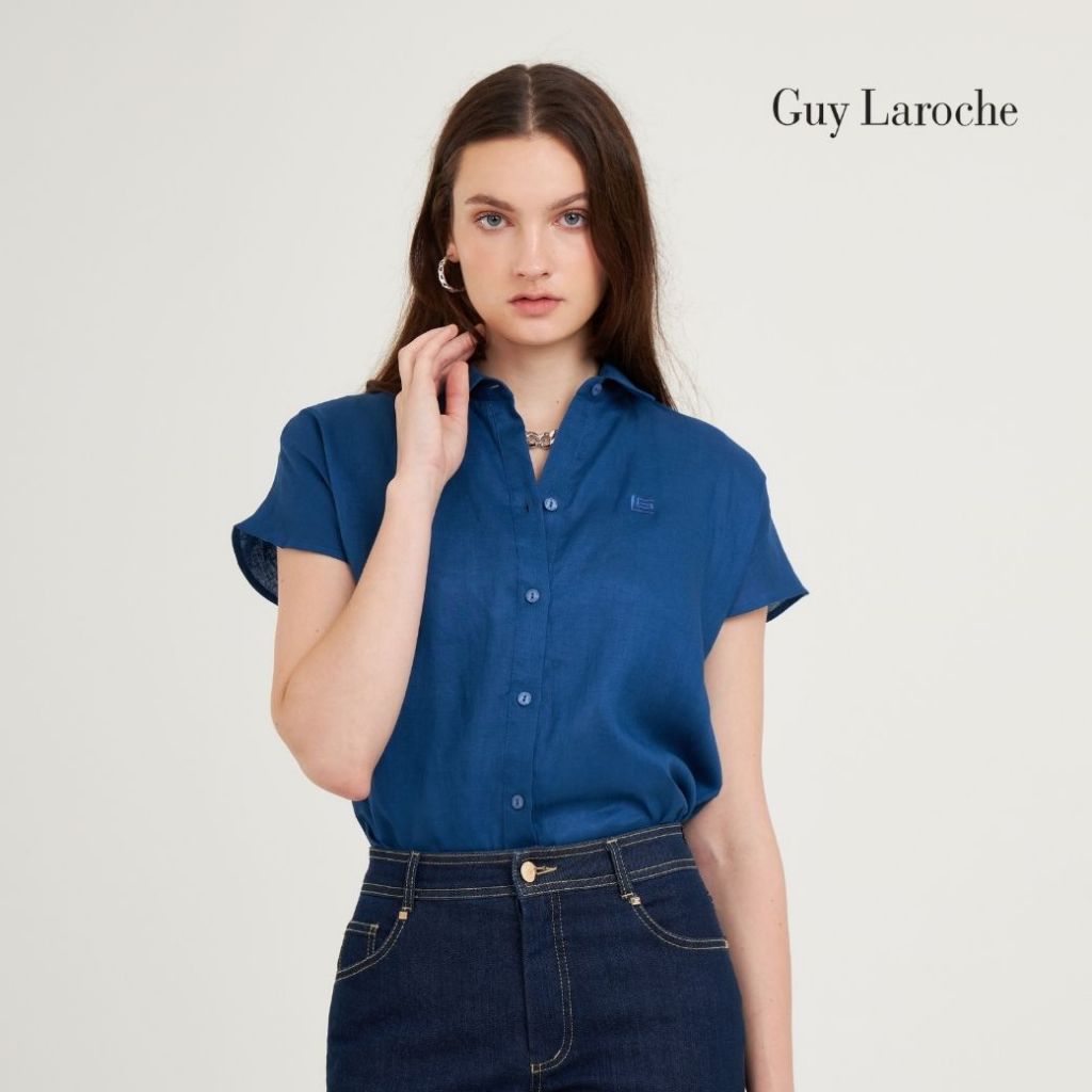 Guy Laroche เสื้อเชิ้ตผู้หญิง Light linen แขนล้ำ สีน้ำเงิน G9U3DB