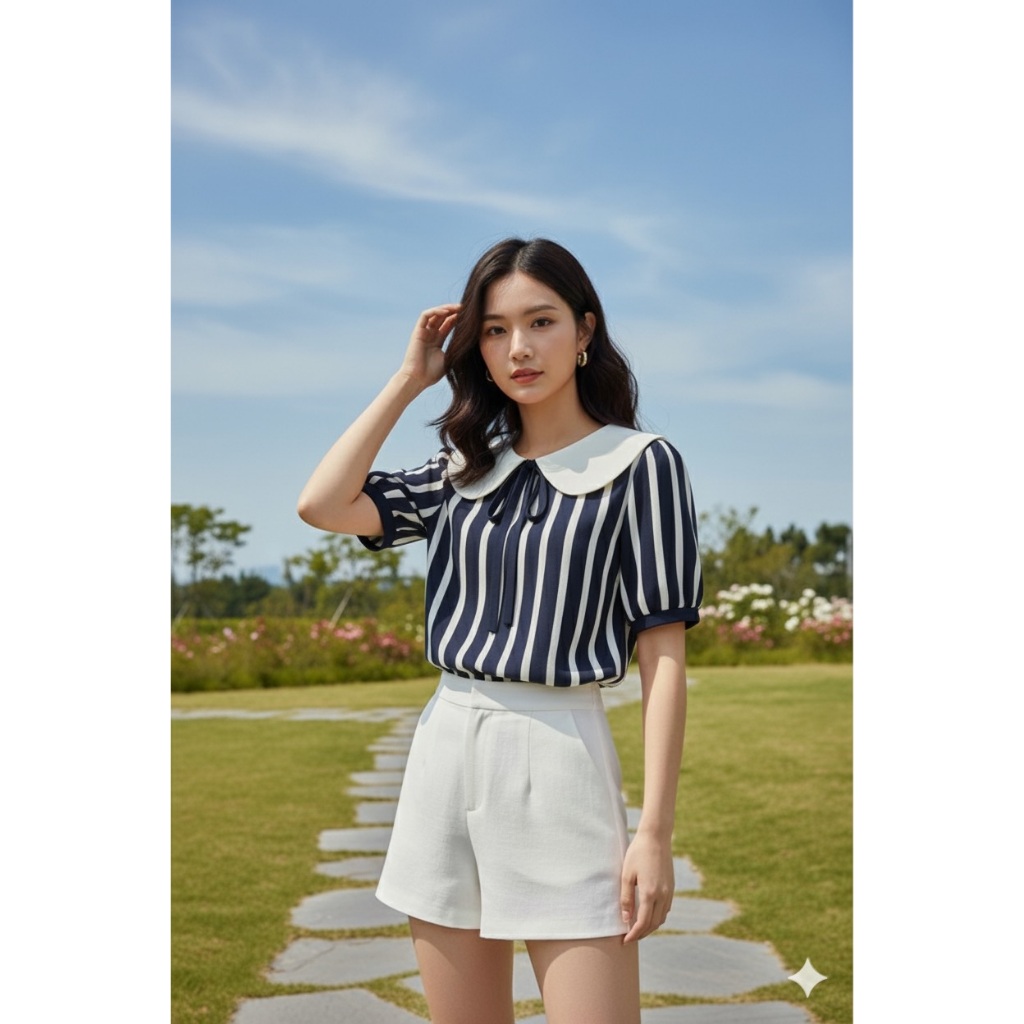 พร้อมส่ง เสื้อผู้หญิงแฟชั่นคอปกโบว์ สีกรมลายทาง