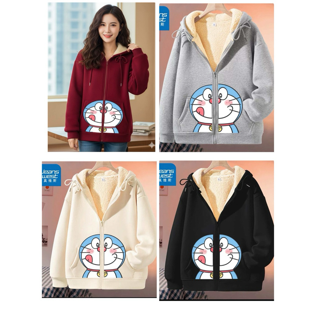 เสื้อสเวตเตอร์มีฮู้ดซิปหนังแกะยอดนิยมญี่ปุ่น✅️ กรีนลายโดเรม่อนงานพรีรอของ✅️
