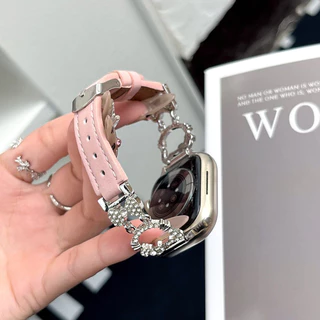 สายหนังประดับเพชร Sparkling Cat เข้ากันได้กับ iWatch S11/10/9/8/7/6/5/4/3/2/1/se Ultra 49mm/46/45/44/42/41/40/38mm