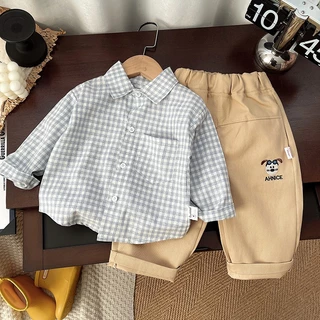 MooDeng Baby เซ็ตแขนยาว ปักลาย คอปก ลายสก็อต 2 สีเทา สีกรม เซท 2 ชิ้น เสื้อแขนยาว+ กางเกงขายาว ใส่เที่ยว ชุดเซทสุดเท่