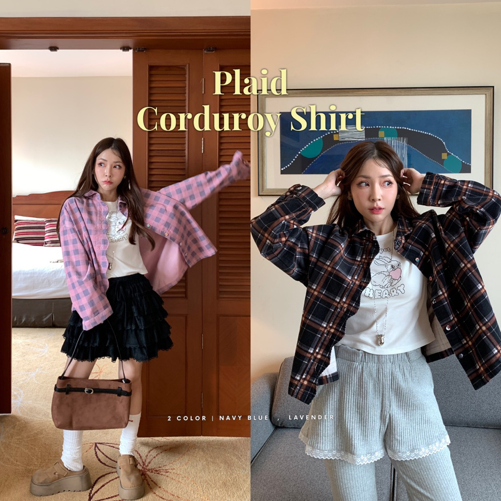 Plaid Corduroy Shirt เสื้อเชิ้ตลายตาราง ผ้าลูกฟูก ทรงครอปโอเวอร์ไซส์