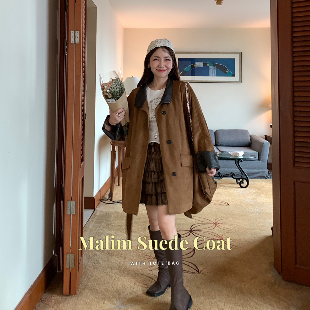 SOMEDRESS | Malim Suede Coat เสื้อโค้ทผ้ากำมะหยี่หนังกลับ แต่งคอปก+แขนหนัง PU แถมกระเป๋า tote เข้าเซต