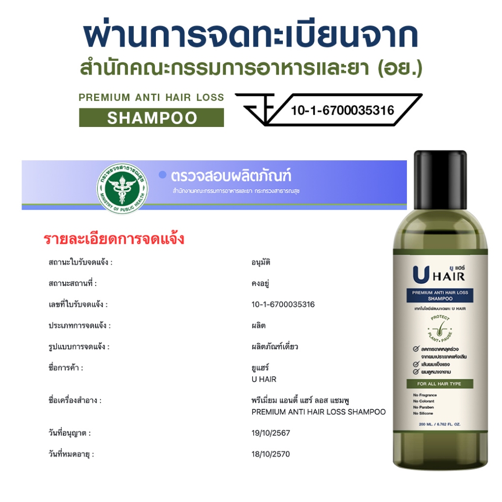 U hair premium anti hair loss shampoo ยู แฮร์ พรีเมียม แชมพู (35ml.) 2 ขวด + แถม U hair serum (200ml.) 1 ขวด - รูปที่ 2