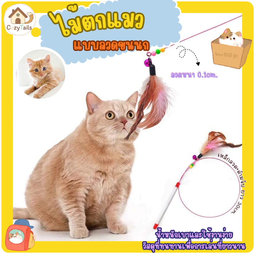 ไม้แมว ลวดแหย่แมว ไม้กายสิทธิ์ ลวดยืดหยุ่นสีสันสดใสพร้อมขนนกและกระดิ่งของเล่นออกกําลังกายลูกแมว ขนนก
