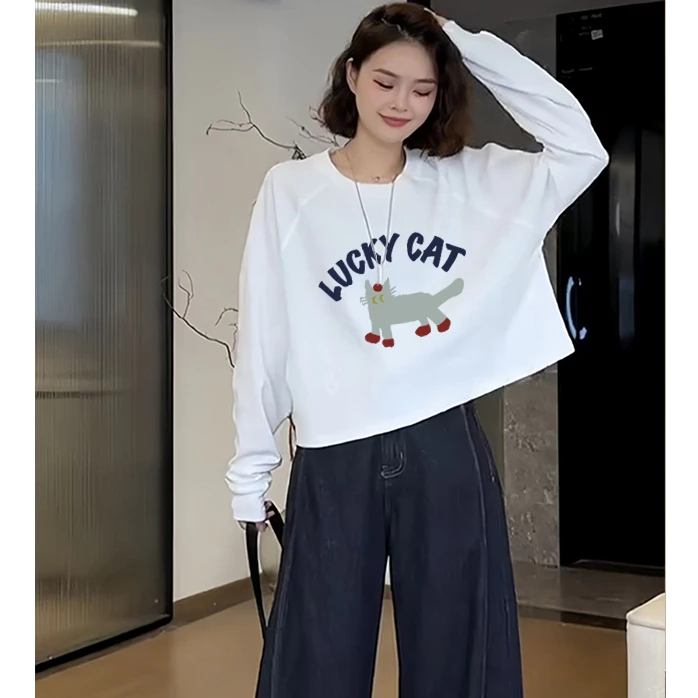 เสื้อครอปแขนยาวสีดำ oversize เสื้อผ้าแฟชั่นสาวอวบนอ้วนไซส์ใหญ่ 100 กิโล เสื้อยืดลายการ์ตูนผู้หญิงสไตล์เกาหลี สตรีทวินเทจ thumbnail 6