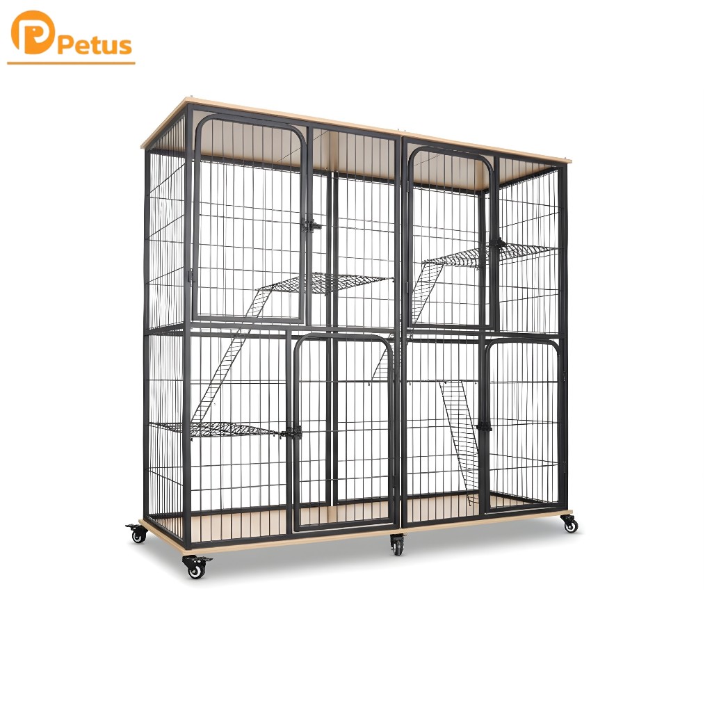 กรงแมว กรงแมววิลล่าใหญ่ Cat Villa กรงแมวมีพื้น หลังคาไม้ มี 2 สี แข็งแรง ประกอบง่าย Petus pet