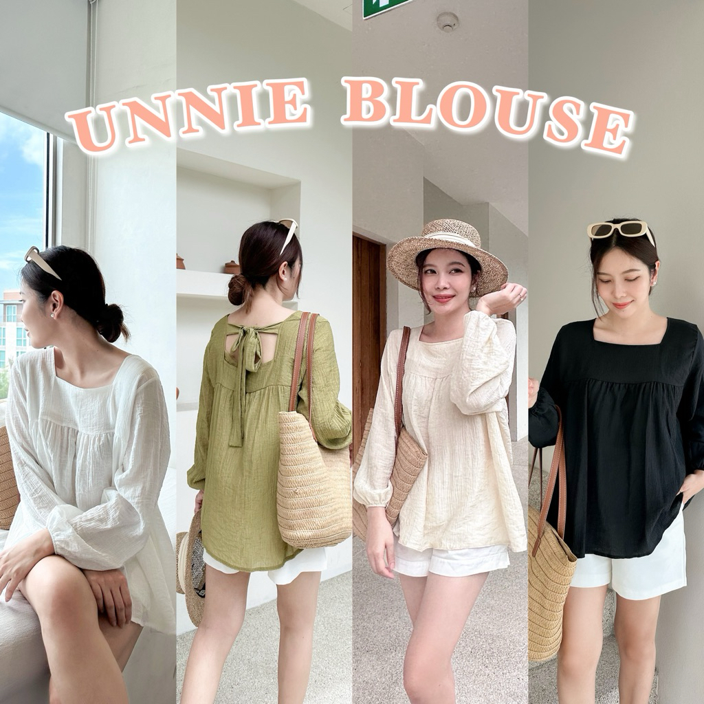 UNNIE BLOUSE เสื้อแขนยาวคอเหลี่ยม ผูกโบว์หลัง ผ้าฝ้ายผสมบางเบา นุ่มนิ่ม ใส่สบาย