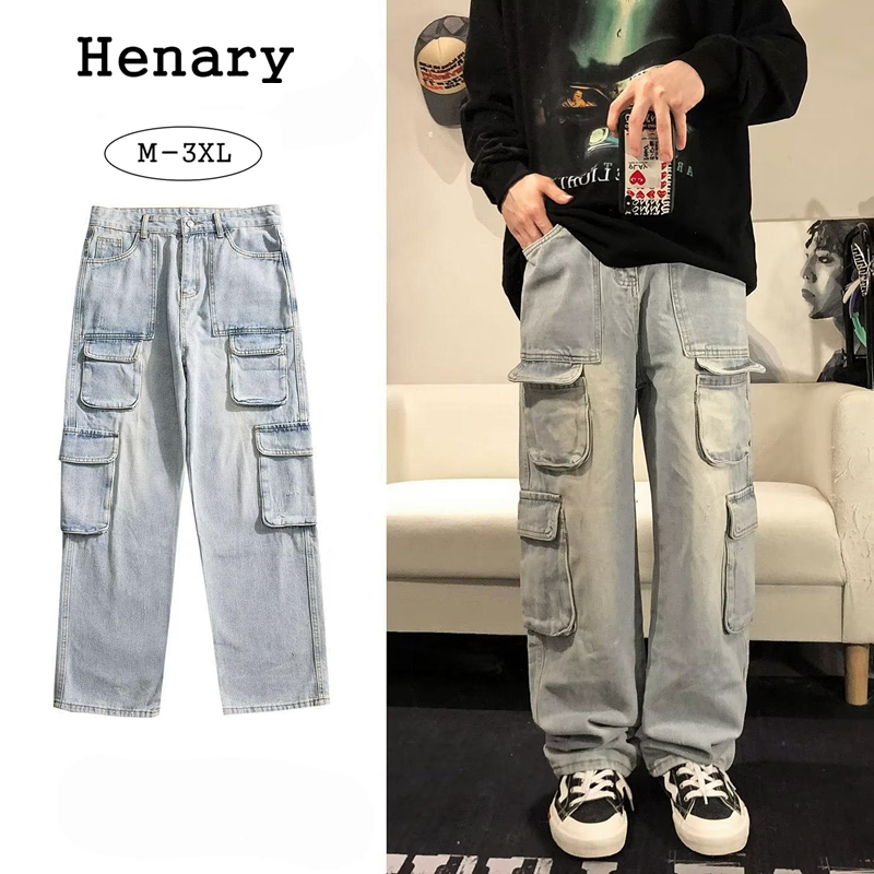 Henary กางเกงยีนส์ขายาวผู้ชาย สไตล์เกาหลี ทรงตรง มีกระเป๋า สีฟ้าอ่อน ไซส์ M-3XL