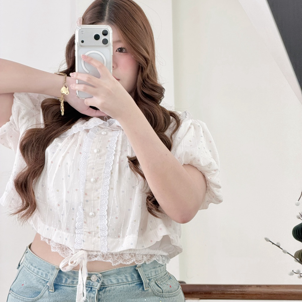 Chubbygirlbkk - Mimi polkadot baby ruff top🍡👀🎀เสื้อสาวอวบผ้าชีฟอง ผ้านิ่มใส่สบาย
