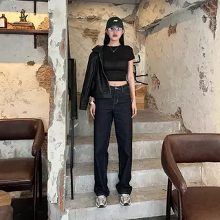 ยีนส์ Nammon Jeans BA07 กางเกงยีนส์เอวกลางกระบอกใหญ่ รุ่น Lucky Belt - ผ้าไม่ยืด