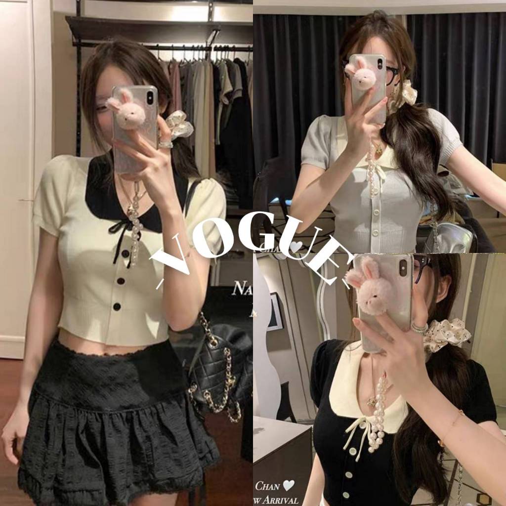 Vogue🌟พร้อมส่ง🌟 เสื้อยืดไหมพรมแขนสั้น คอปก ทรงรัดตัว เรียบร้อย (83228)