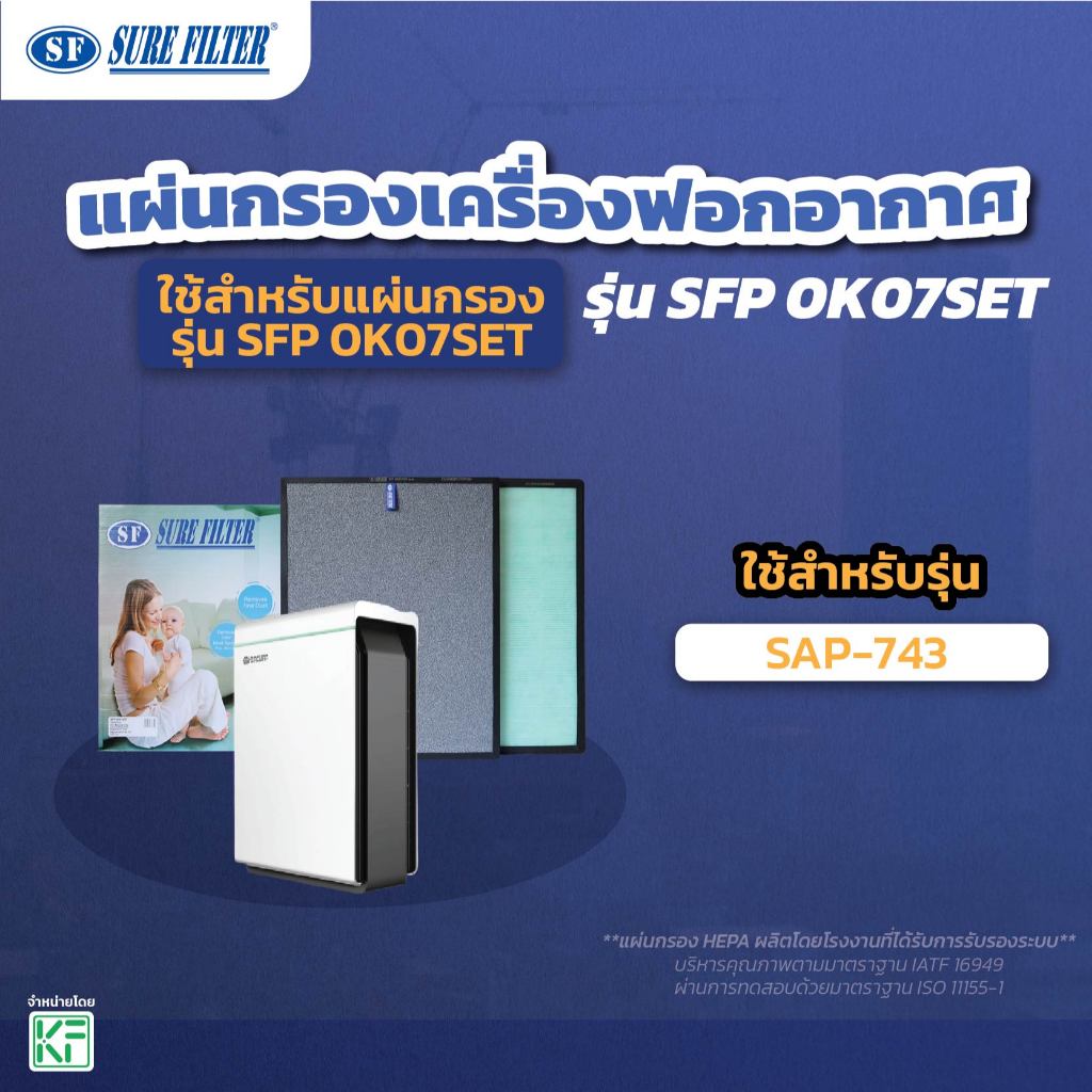แผ่นกรองเครื่องฟอกอากาศ สำหรับเครื่องฟอกซากุระ รุ่น SAP-743 แผ่นกรอง HEPA/เฮปา ยี่ห้อชัวร์ฟิลเตอร์ SFP 0K07SET