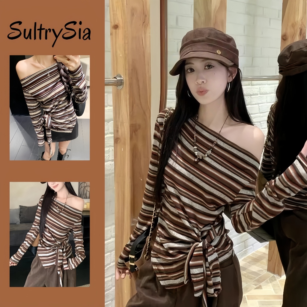 SultrySia เสื้อแขนยาวผู้หญิง เปิดไหล่ ลายทาง สไตล์ลำลอง การออกแบบสายรัด