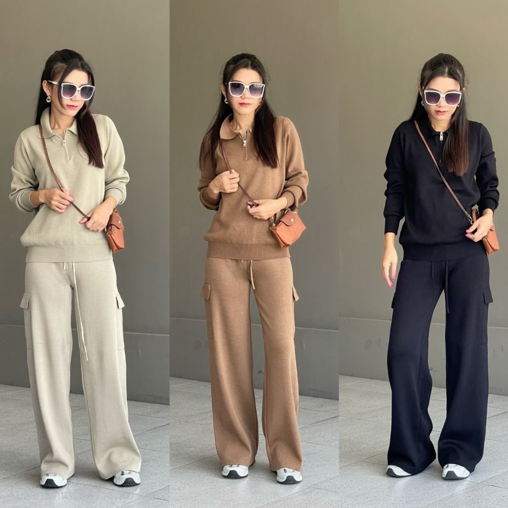 ชุดเซตไหมพรมเสื้อแขนยาวคอปก+กางเกงไหมพรมทรงคาร์โก้