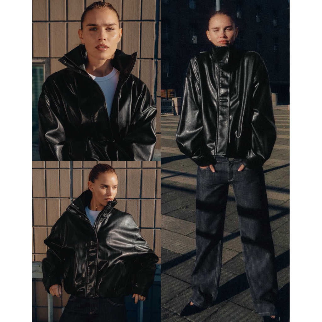 (ของแท้💯) Zara faux leather volume jacket แจ็คเก๊ทหนังสีดำ ซิปหน้ากระดุมซ่อน แจ็คเก๊ทคอปีน มีกระเป๋า