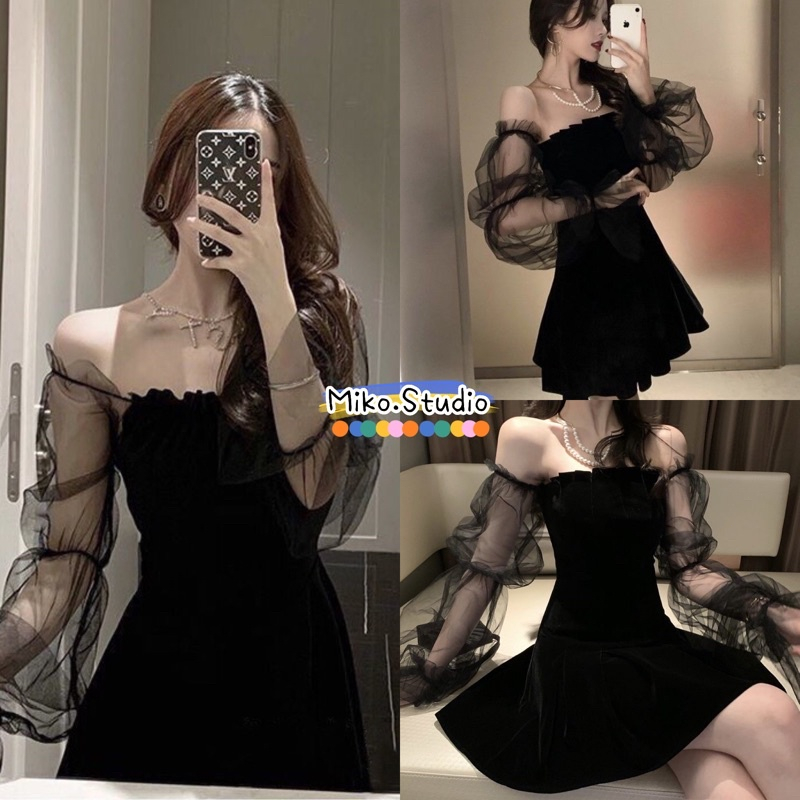 Miko🧸พร้อมส่ง🌈ชุดเดรสดำ🎀 รัดรูป เหนือเซ่า ปาดไหล่แขนยาวสายเดี่ยว เซ็กซี่ หุ่นดี ใส่แล้วดูผอม คนอ้วนใส่ได้ สำหรับผู้หญิง