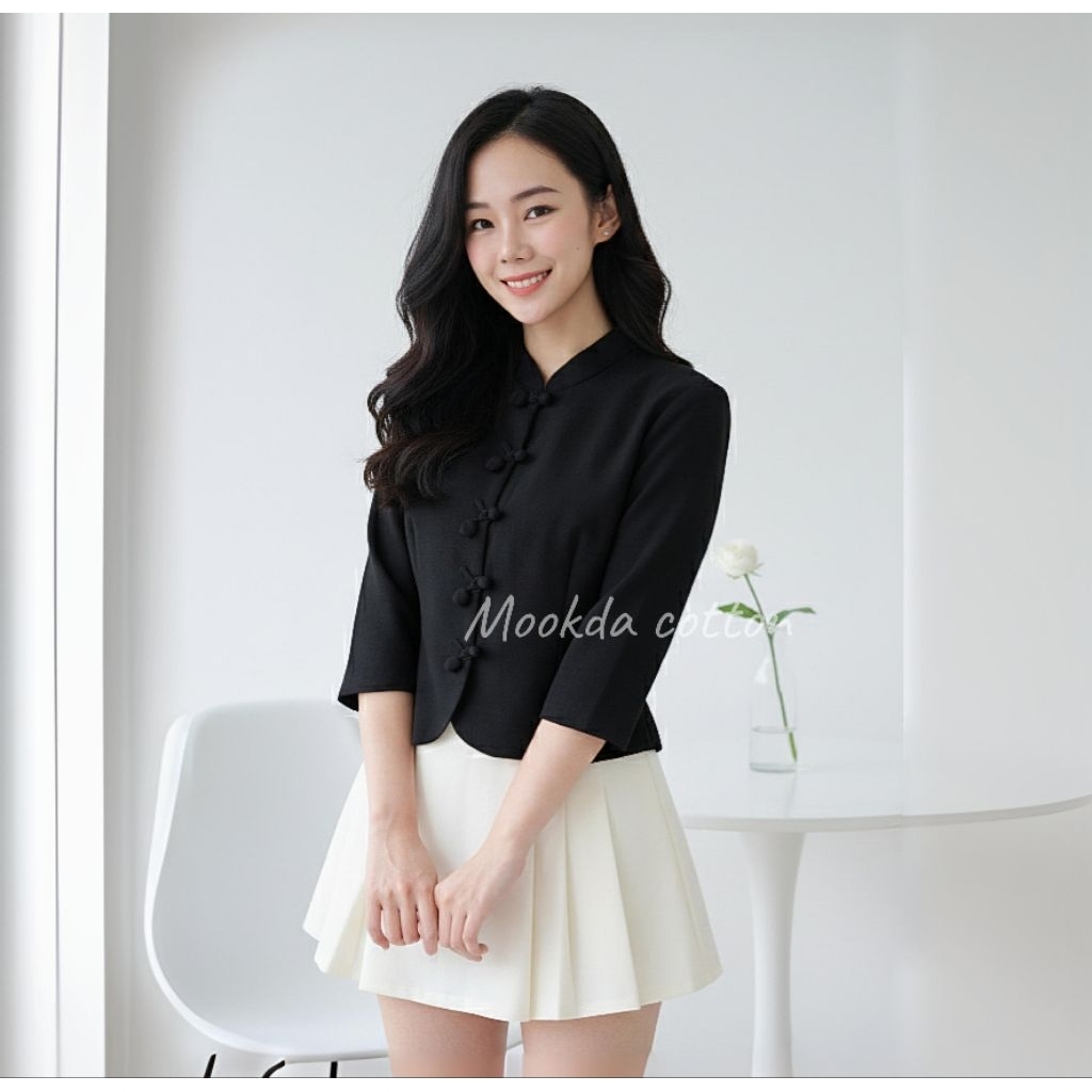 เสื้อผ้าฝ้ายคอจีนอัดกาวเเขนสามส่วน กระดุมปั๊ม+ทิวลิป