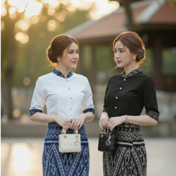 เสื้อพื้นเมืองหญิงคอจีน แต่งผ้าลาย