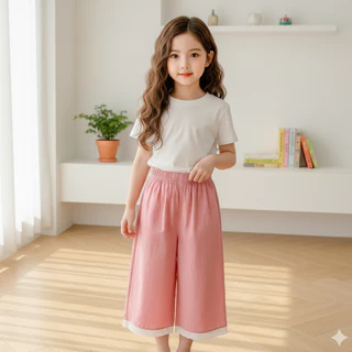 Babyonline(Y490)K1/2 (ส่งด่วน1วัน)กางเกงขายาวขากระบอกแฟชั่นสำหรับเด็กผู้หญิงแต่งผ้าลูกไม้ ผ้าฝ้าย นิ่ม ใส่สบาย