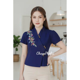 เสื้อผ้าฝ้ายป้ายข้างแขนสั้น ปักดอกไม้