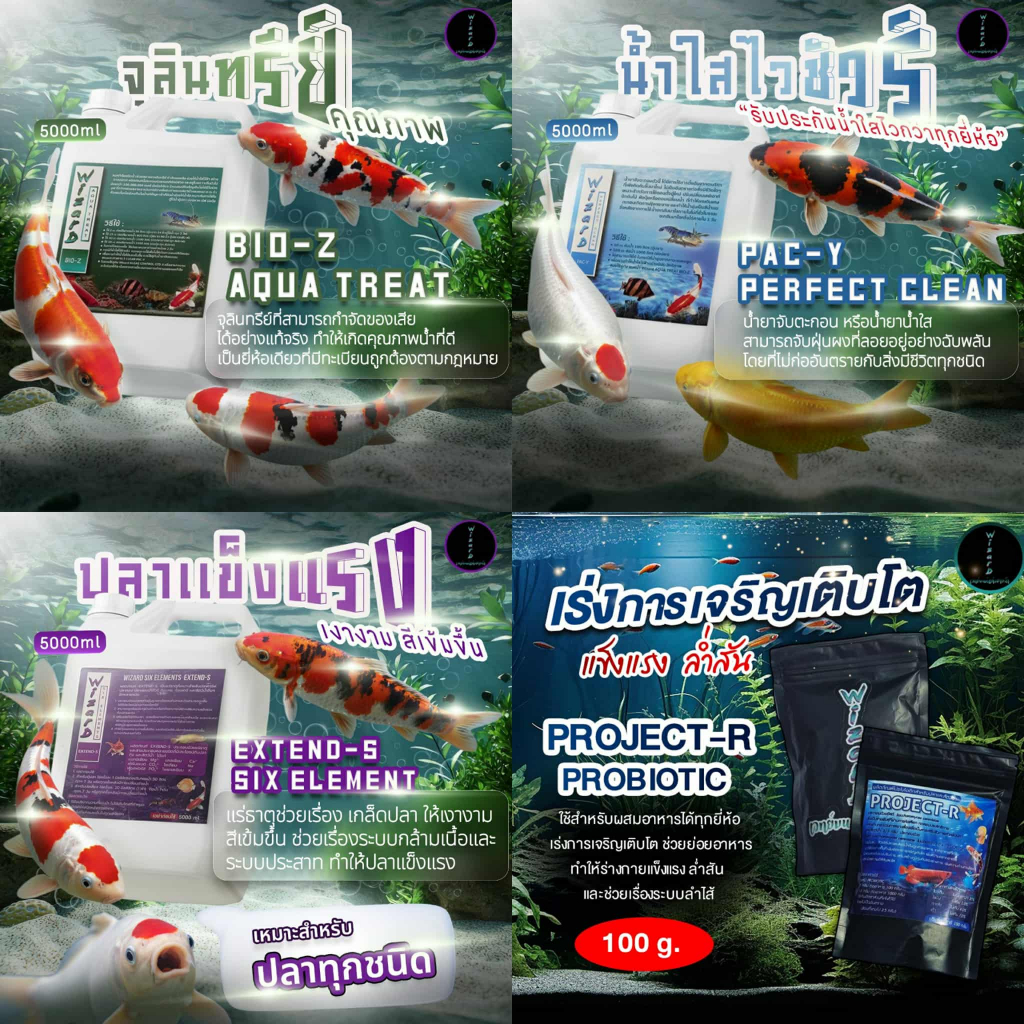 ผลิตภัณฑ์ ดูแลน้ำ WIZARD สำหรับ ปลาคาร์ป ปลาทอง ปลาทามาซาบะ ปลามังกร เสือตอ และ สัตว์น้ำทุกประเภท
