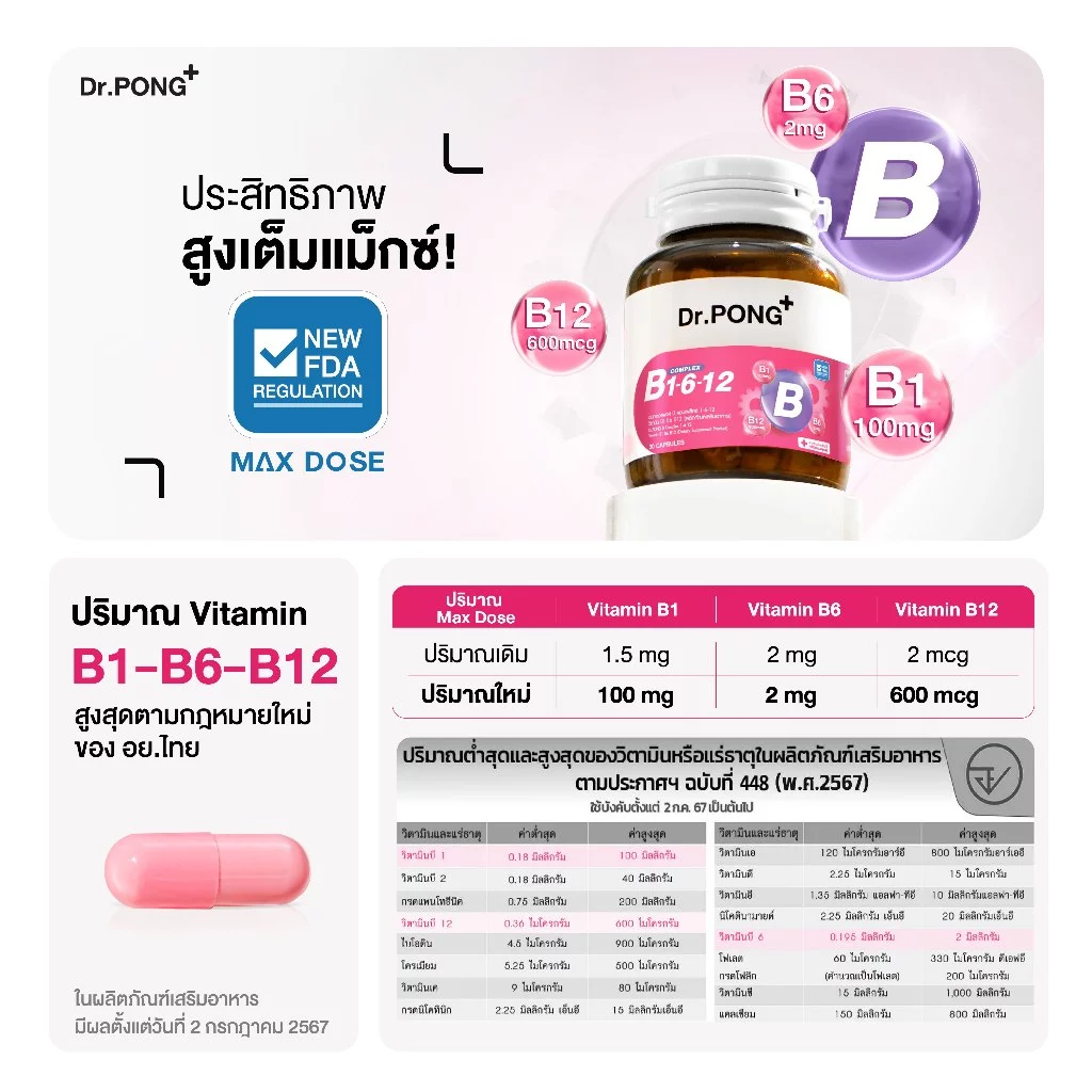 [ช้อปครบ รับฟรี!] Dr.PONG B Complex 1-6-12 Vitamin B1 B6 B12 วิตามินบีรวม บำรุงระบบประสาทและสมอง ช่วยคลายเครียด thumbnail 6
