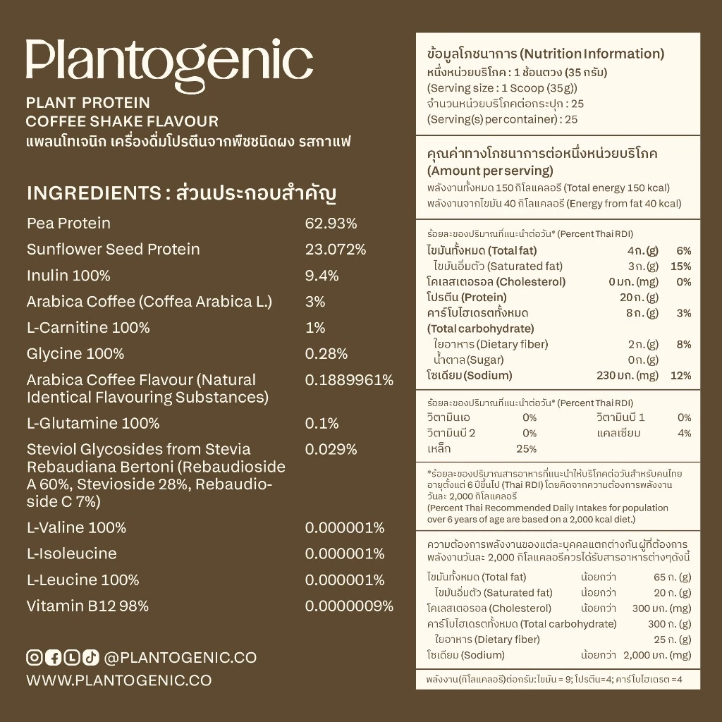 Plantogenic - Coffee Shake Plant Protein โปรตีนพืชรสกาแฟ โปรตีน 20g NON-GMO ไม่มีถั่วเหลือง ไม่เติมน้ำตาล (Plant-based) thumbnail 6