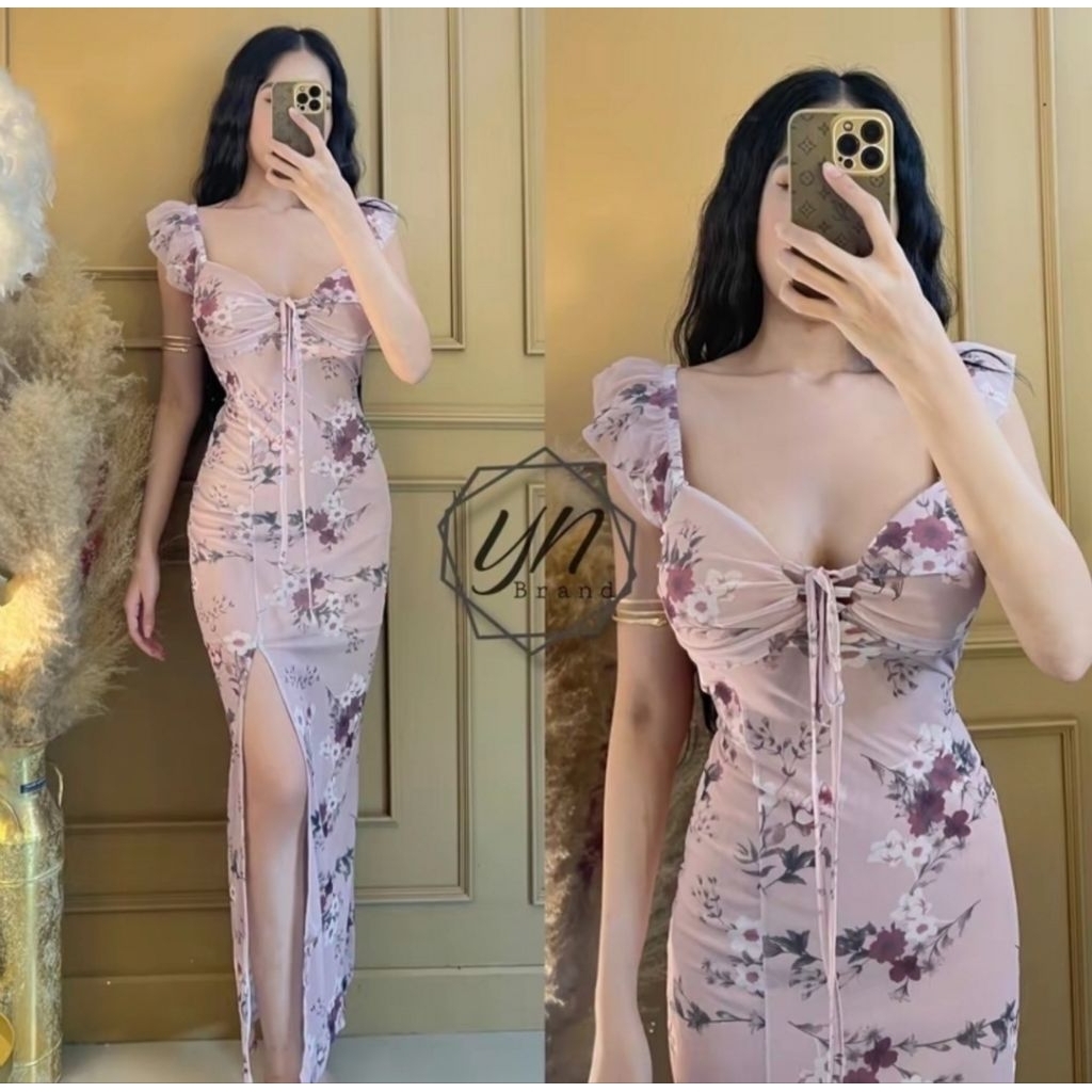 ของใหม่ มือ1 - YN Brand เดรสแขนระบายผูกอก พิมพ์ลายมีซับใน