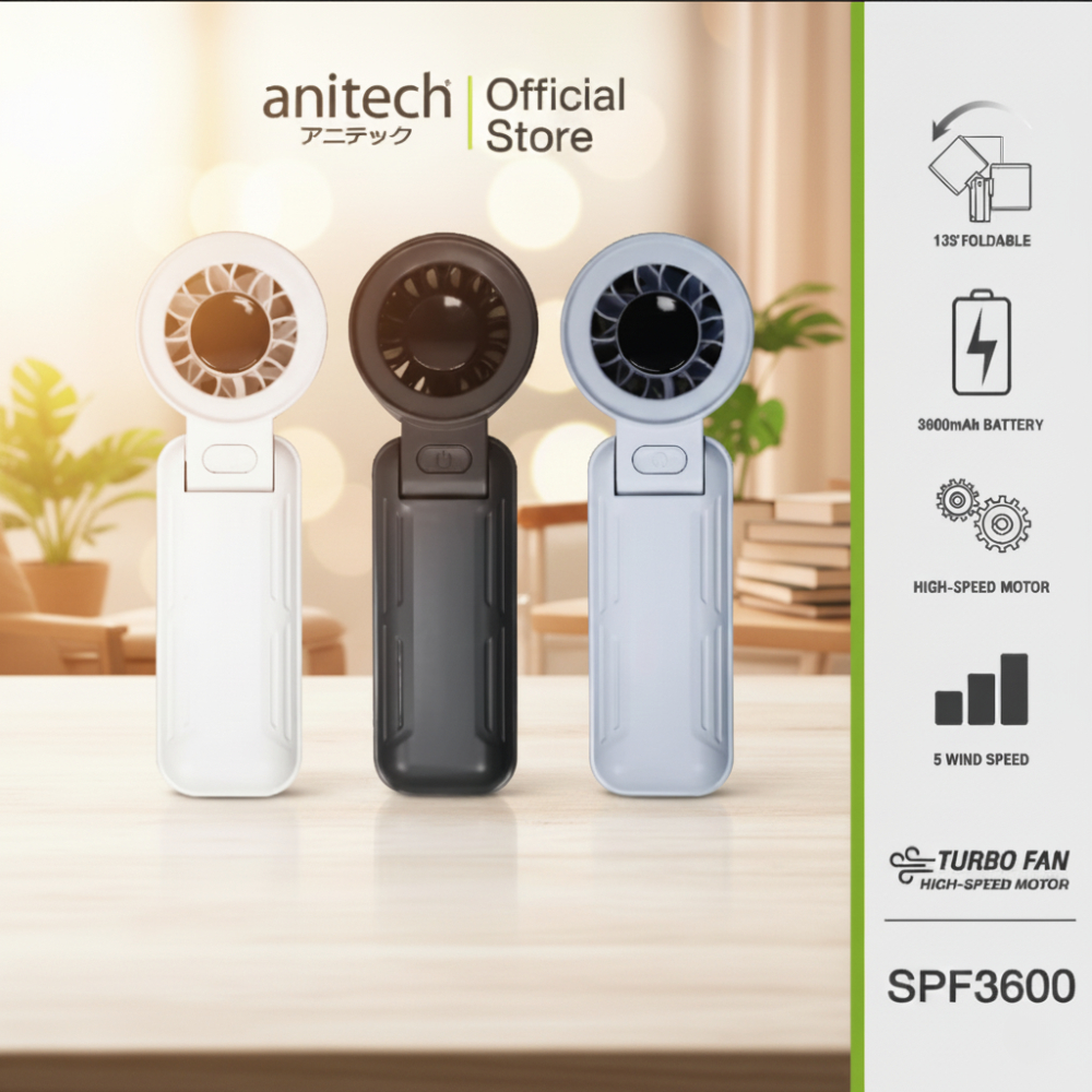 Anitech SPF3600 พัดลมพกพาไร้ใบพัด แรงลม 5 ระดับ แบต 3800mAh พับได้ 135°