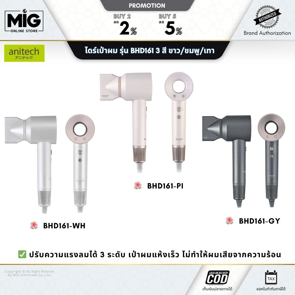 ANITECH ไดร์เป่าผม รุ่น BHD1611600 วัตต์ ปรับความร้อน 3 ระดับ มีโหมดลมเย็น หัวเป่า 2 แบบ สุดคุ้ม!! ป