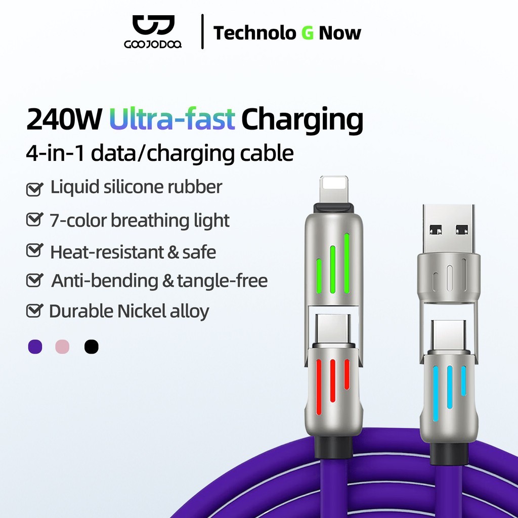 Goojodoq 4in1 240w Type C Pd เร็วพิเศษ สายเคเบิลข้อมูล Usb โลหะผสมสังกะสีหนา ทนอุณหภูมิสูง
