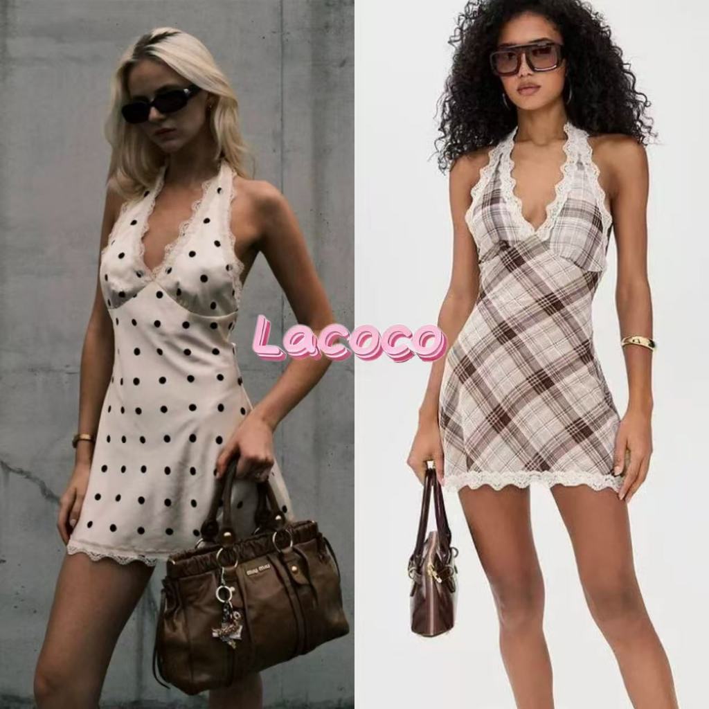 Lacoco🍓คลังสินค้าพร้อม🍓ชุดเดรสผ้าไหมคอฮอลเตอร์ลายจุดทรงเปลือกหอยสไตล์ฝรั่งเศส