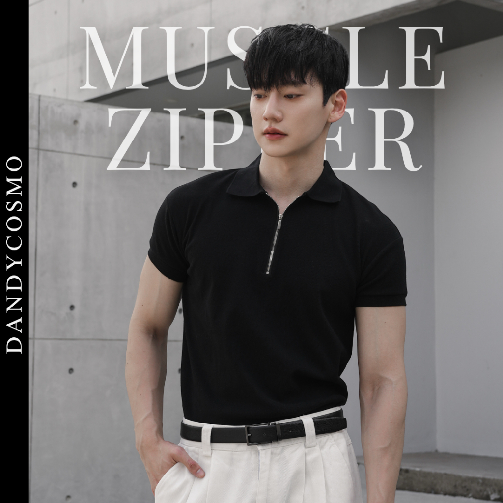 DANDY COSMO | เสื้อ Muscle-Fit Zipper โปโล คอปกซิป เนื้อผ้าร่อง ขนนุ่มพิเศษ ใส่แล้วหุ่นล่ำ หุ่นดีขึ้น