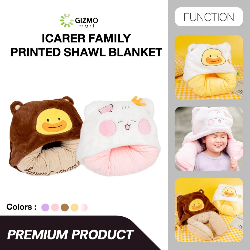 หมอนรองคอ + ผ้าปิดตา แบบพกพามีกระดุมล็อค ป็นผ้ากำมะหยี่ นุ่ม หลับสบาย Icarer Family Printed Shawl Bl