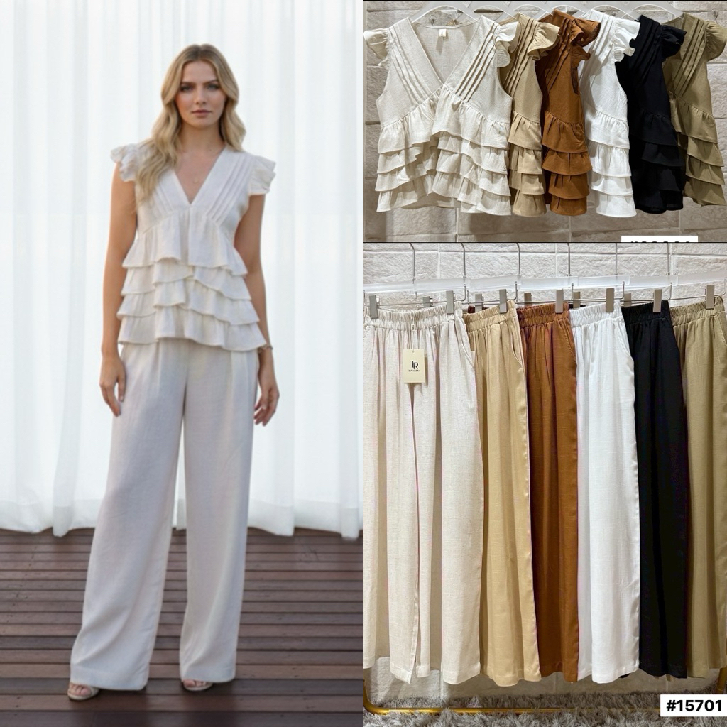 เสื้อแต่งระบาย/กางเกงขายาวผ้าลินิน