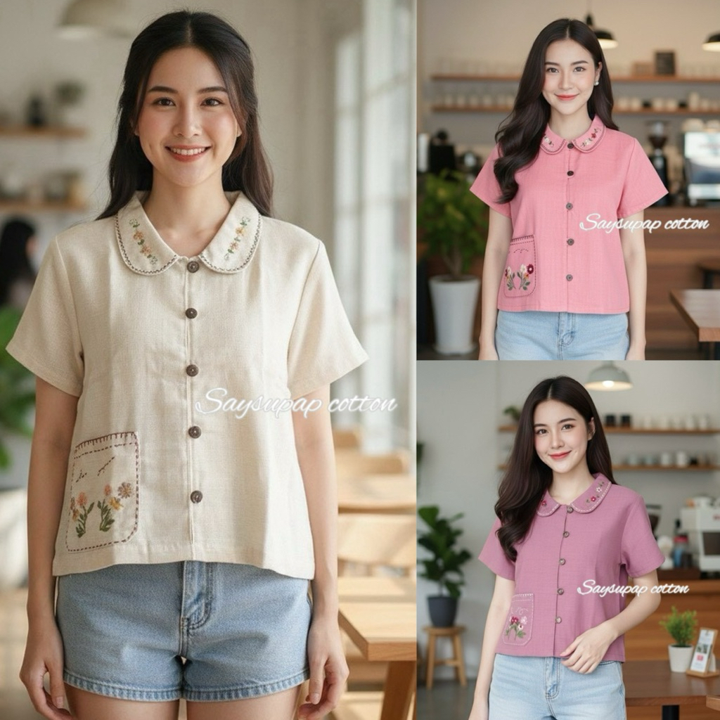 เสื้อผ้าฝ้ายคอบัว ปักดอกไม้มินิมอล ผ้าชินมัย