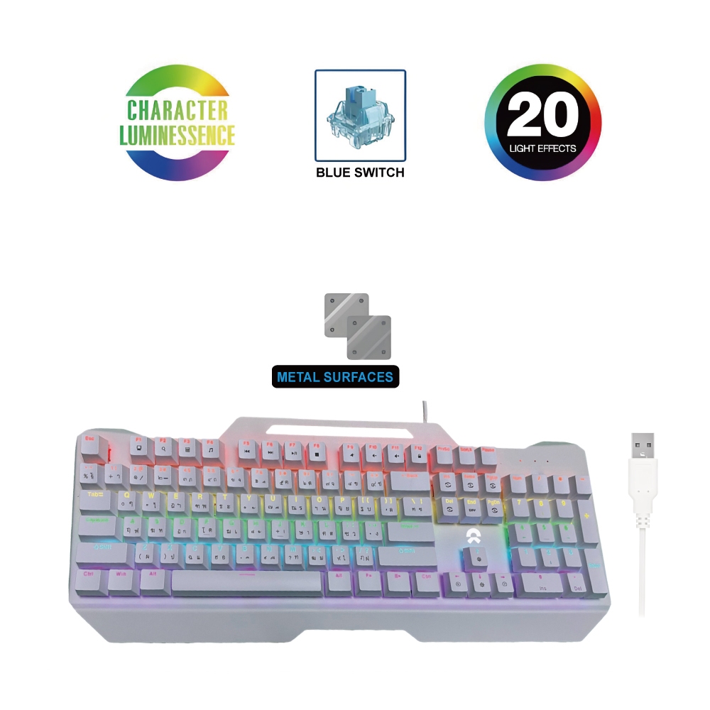 Oker Mechanical คีย์บอร์ดเกมมิ่งไฟเรืองแสง รุ่น K527 (blue switch) แถม Mouse Pad  MP9050 (สีชมพู)