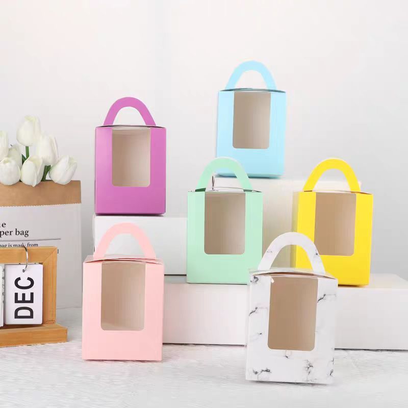 (ขายส่ง)  กล่องคัพเค้ก มีหูหิ้ว แบบตั้งได้ กล่องกระดาษคัพเค้ก 1 ช่อง หูหิ้ว เจาะช่องหน้าต่างใส