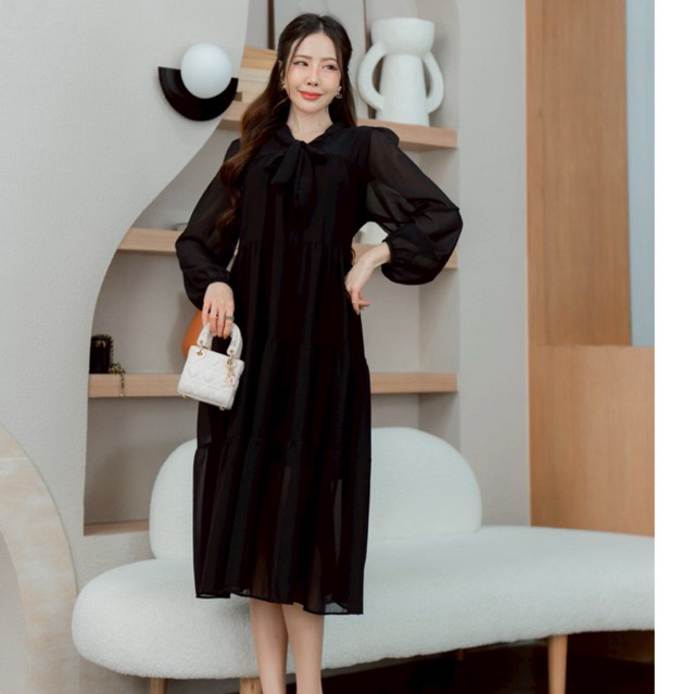 S348 เดรสคอผูกโบว์แขนยาว กระโปรง ระบายสามชั้นกระโปรงยาวทรงเจ้าหญิงน่ารักน่ารัก