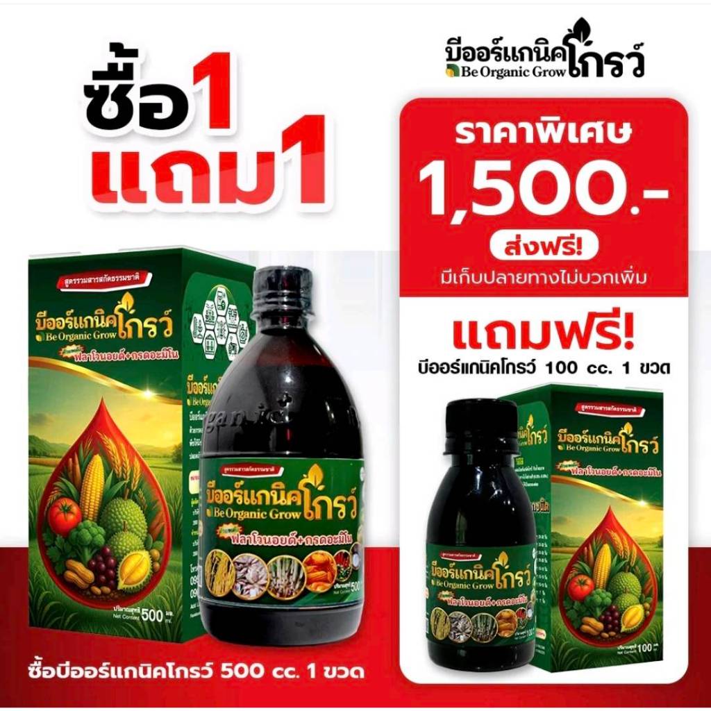 สุดคุ้ม 1แถม1{500cc+100cc} บีออร์แกนิคโกรว์ สูตรใหม่เข้มข้นกว่าเดิม อาหารเสริมสำหรับพืช ของแท้ 100%