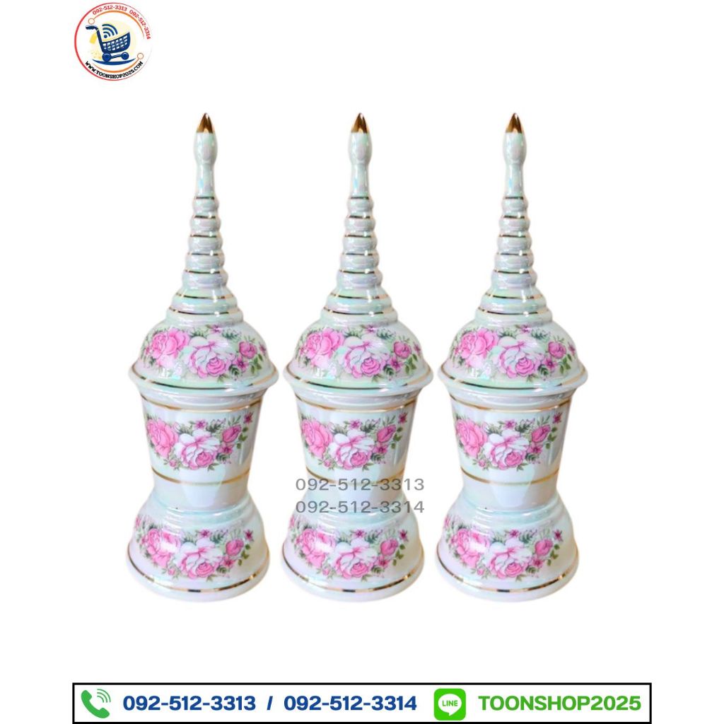 โกศเซรามิกมุกลายดอกไม้ สีชมพู ใส่อัฐิ ใส่กระดูก บรรพบุรุษ