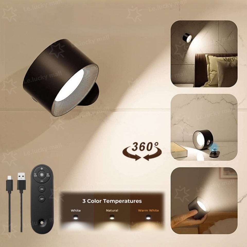 โคมไฟผนัง LED ไร้สายแบบชาร์จไฟได้ หมุนได้ 360 องศา USB ไฟกลางคืนไร้สายแบบพกพา โคมไฟอ่านหนังสือใ แสงจากหน้าจอสัมผัส