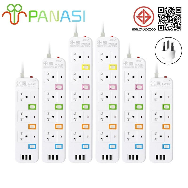 MOJU PN ปลั๊กไฟ USB 3ช่อง สาย 5 เมตร รางปลั๊กไฟ สวิตซ์เปิด/ปิดแยก เบรกเกอร์ตัดไฟ รางปลั๊กไฟ ปลั๊ก 3 ตา ปลั๊กพ่วง